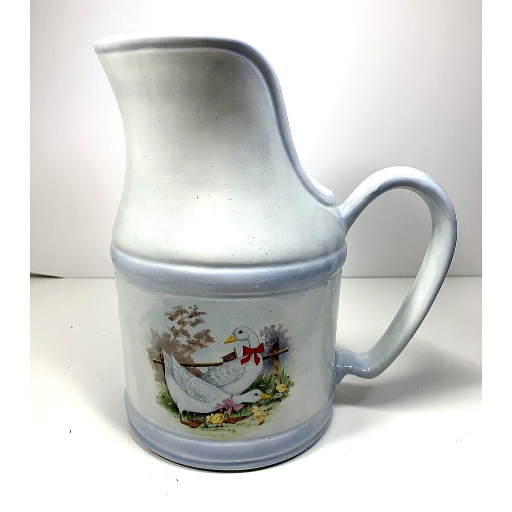Country Water Pitcher Vintage Farm Scene With Ducks and Ducklings 9" Tall